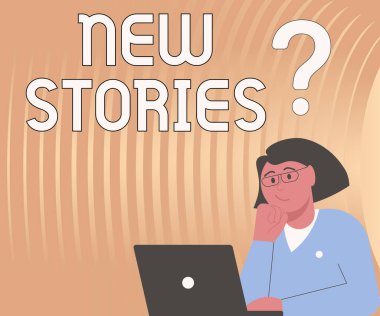 Yeni Hikayeler, İş Yaklaşımı 'nı sunan metin başlığı eğlence için anlatılan hayali ya da gerçek gösterim ve olaylar Bayan Beyin Fırtınası Yeni Çözümler Soru İşaretleriyle çevrili