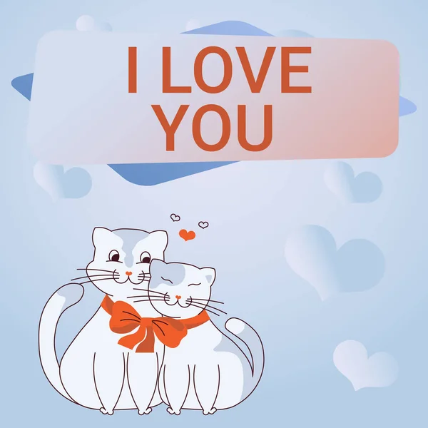 Hand writing sign I LOVE YOU, Business idea Expressing Love between couples on Valentines Day Cats tied together with bow represent passionate couple with love goals.