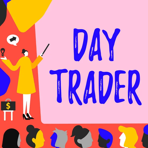 Inspiration showing sign Day Trader, Business showcase A person that buy and sell financial instrument within the day Lady Pointing Backdrop Presenting Newest Successfull Financial Strategies.