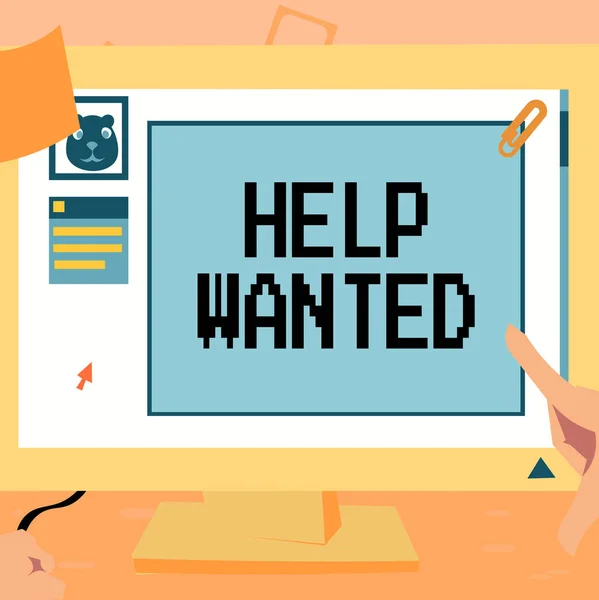 Hand writing sign Help Wanted, Business approach advertisement placed in newspaper by employers seek employees Hand Touching Desktop Inside Web Browser Showing Recent Technology.