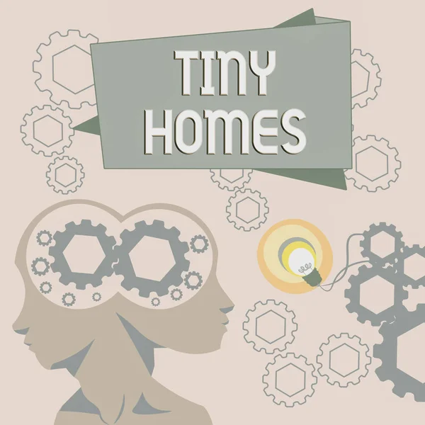 Text caption presenting Tiny Homes, Business concept houses contain one room only or two and small entrance Cheap Two Heads With Cogs Showing Technology Ideas.