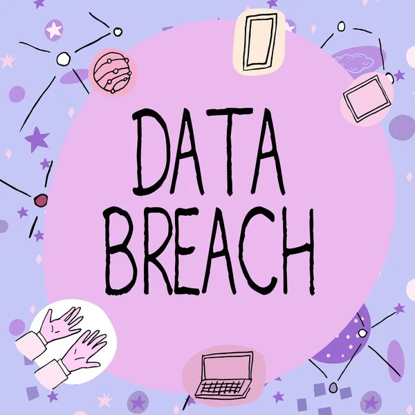 Text caption presenting Data Breach, Business overview security incident where sensitive protected information copied Blank frame decorated with modern science symbols displaying technology.