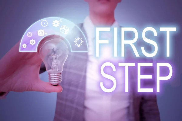 Text Sign Showing First Step Business Overview Pertaining Start Certain — Stock Photo, Image