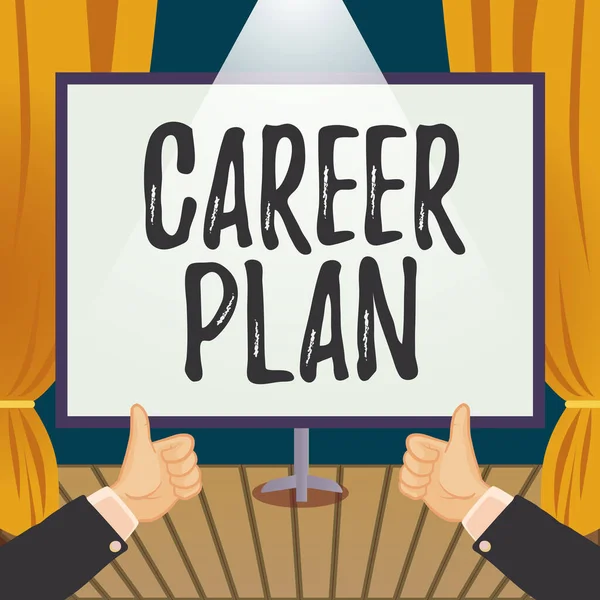 Text caption presenting Career Plan, Concept meaning ongoing process where you Explore your interests and abilities Hands Thumbs Up Showing New Ideas. Palms Carrying Note Presenting Plans