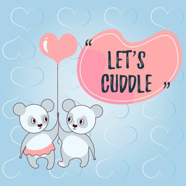 Metin gösterme LEts CUDDLE, iş genel görünümü sevgi ifade etmek kalp balonu tutan çiftler arasında aşk hedefleri ile tutkulu çift temsil.