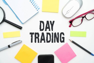 Metin başlığı sunar Gün Ticareti, İş gözden geçirme menkul kıymetler özellikle finansal araçlar satın alma ve satma Flashy School Supplies, Öğretim Öğrenme Koleksiyonları, Yazma Araçları,