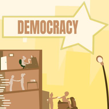 Demokrasiyi kavramsal olarak gözler önüne seren, duygularını ve inançlarını ifade etme özgürlüğü üzerine yazılan Sözcük Gökdelenlerle Gökdelenleri Gösteren Şehir Gökdeleni Çizen Ofis.