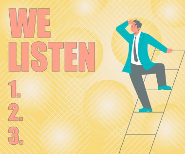 İşletme Fikir Grubu 'nu gösteren metin yazısı. Söylemek istediğiniz her şeyi dinlemeye hazır. Takım Elbiseli Adam Ayakta Duran Merdiven Arayan Son Planlar..