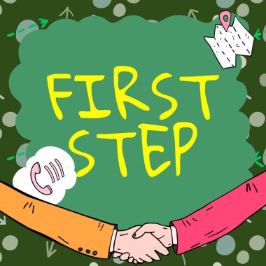 Belirli bir sürecin başlamasına veya başlamasına ilişkin ilk adım, iş genel görünümünü gösteren işaret. İletişim sembolleriyle süslenmiş boş çerçeve iş toplantısını temsil ediyor.