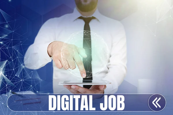 Conceptual caption Digital Job, Business approach get paid task done through internet and personal computer Businessman pointing down tablet represents global innovative thinking.