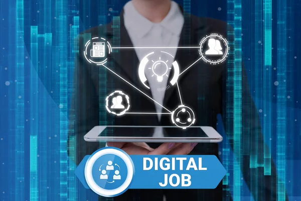 Inspiration showing sign Digital Job, Conceptual photo get paid task done through internet and personal computer Lady in suit holding electrical tablet presenting innovative thinking.