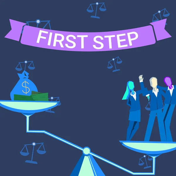 概念的な表示第一歩 Wordは 特定のプロセスの開始または開始に関連して書かれた同僚が成功した財務上の利益を達成チームワークを達成 — ストック写真