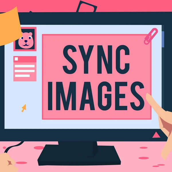 Inspiration showing sign Sync Images, Word Written on Making photos identical in all devices Accessible anywhere Hand Touching Desktop Inside Web Browser Showing Recent Technology.