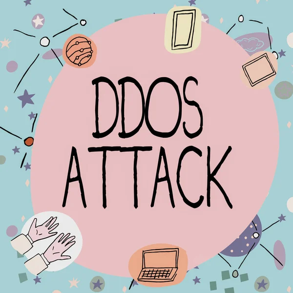 Conceptual caption Ddos Attack, Business overview perpetrator seeks to make network resource unavailable Blank frame decorated with modern science symbols displaying technology.