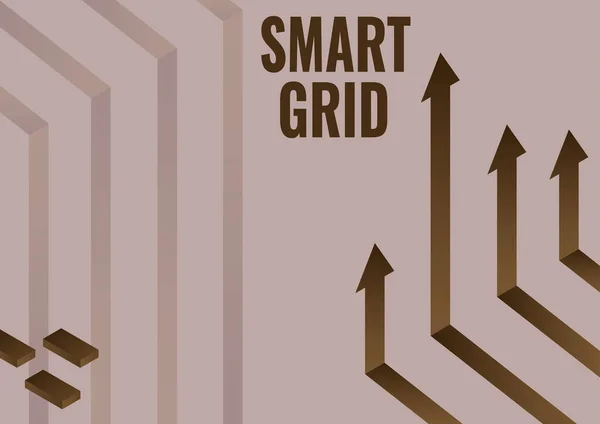 Conceptual caption Smart Grid, Business showcase includes of operational and energy measures including meters Arrow system pointing upwards symbolizing successful project completion.