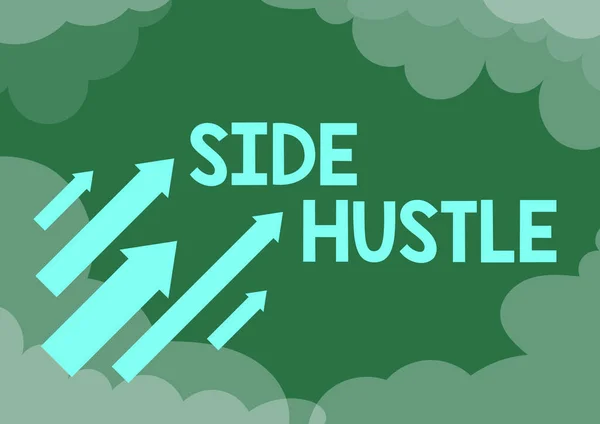 Text caption presenting Side Hustle, Business overview way make some extra cash that allows you flexibility to pursue Arrows moving quickly towards sky surrounded with clouds achieving goals