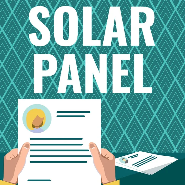 太陽光発電の光源を吸収するように設計されたビジネスアイデア 太陽光パネルの表示にサインする手を保持再開新しいキャリアの機会を示すオープン — ストック写真