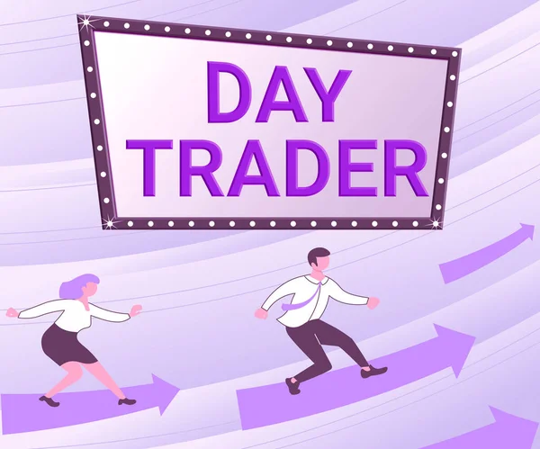 Text caption presenting Day Trader, Word for A person that buy and sell financial instrument within the day Arrows Guiding Two Collaborating Colleagues Towards Better Financial Plan