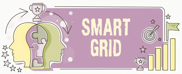 Text sign showing Smart Grid, Business approach includes of operational and energy measures including meters Two Heads Connected Puzzle Showing Solving Problems And Sharing Success