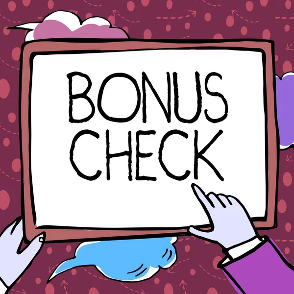 Sign displaying Bonus Check, Business idea something in addition to what is expected or strictly due Hands Holding Paper Showing New Ideas Surrounded With Stars.