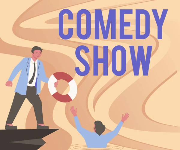 Writing displaying text Comedy Show, Internet Concept Funny program Humorous Amusing medium of Entertainment Gentleman In Suit Helping Colleague Representing Successful Teamwork.
