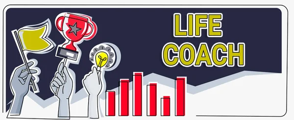 Inspiration showing sign Life Coach, Business concept A person who advices clients how to solve their problems or goals Hands Holding Flag Goals, Lamp Ideas Trophy Celebrating Success Graph Bars