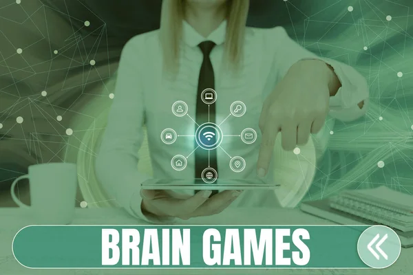 Handwriting text Brain Games, Concept meaning psychological tactic to manipulate or intimidate with opponent Lady Pressing Screen Of Mobile Phone Showing The Futuristic Technology