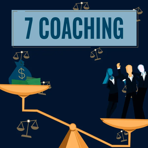 Text caption presenting 7 Coaching, Business approach Refers to a number of figures regarding business to be succesful Colleagues achieving teamwork accomplishing successful financial gain.