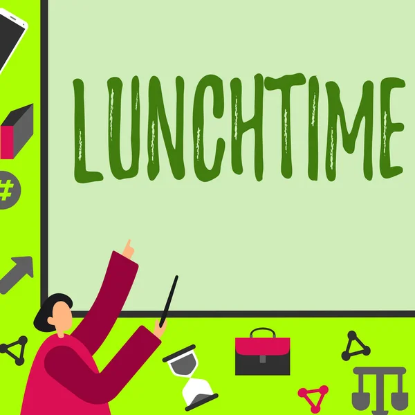 Lunchtime Word Written Meal Day Morning Dinner Businessman Pointing Fingerpresentation — 스톡 사진