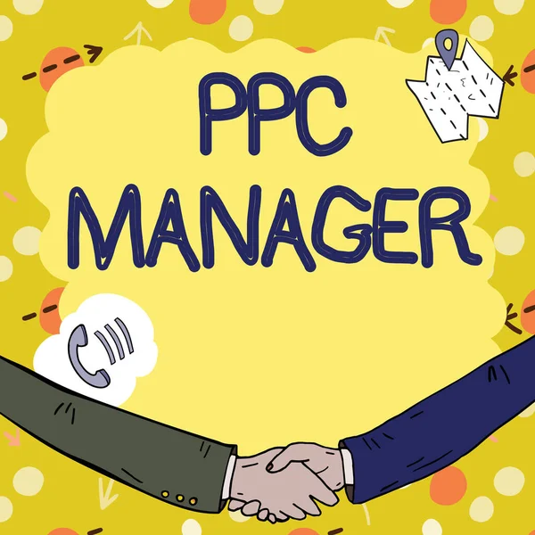 Sign displaying Ppc Manager, Business concept which advertisers pay fee each time one of their ads is clicked Empty frame decorated with communication symbols represent business meeting