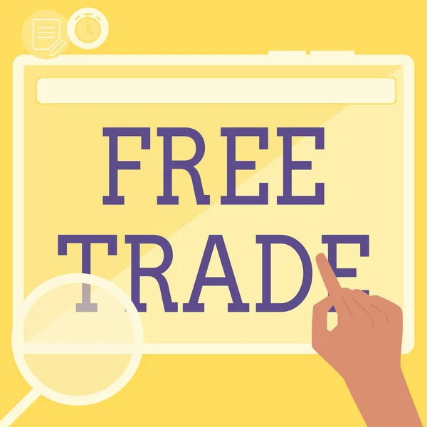 Text sign showing Free Trade, Internet Concept The ability to buy and sell on your own terms and means Hand Using Big Tablet Searching Plans For New Amazing Ideas