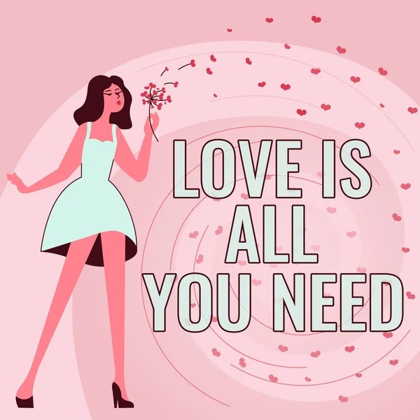 Text sign showing LOVE IS ALL YOU NEED, Word for Lovely Valentines day greetings with hearts background Woman blowing bunch of flowers displaying peaceful romantic nature.