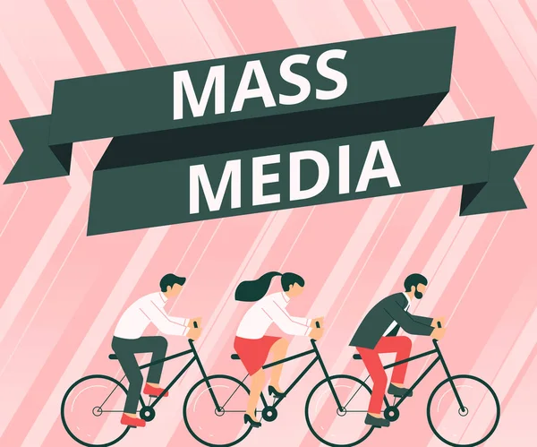 미디어 Mass Media Word Group Colleague 자전거 Bicycle 성공적 팀워크 — 스톡 사진
