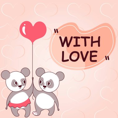 Sevgi ile sunulan metin başlığı, hediye alışverişi için kelime kalp balonu taşıyan tutkulu çifti temsil ediyor..