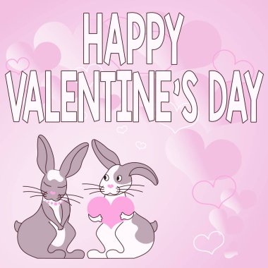 Kavramsal manşet Mutlu VALENTINES GÜNÜ, Sevgililer Günü duygularını ifade etmek için kelime kelime Tavşanlar kalp şeklinde hediyeler tutkulu aşıkları göstermek hediyeler ile
