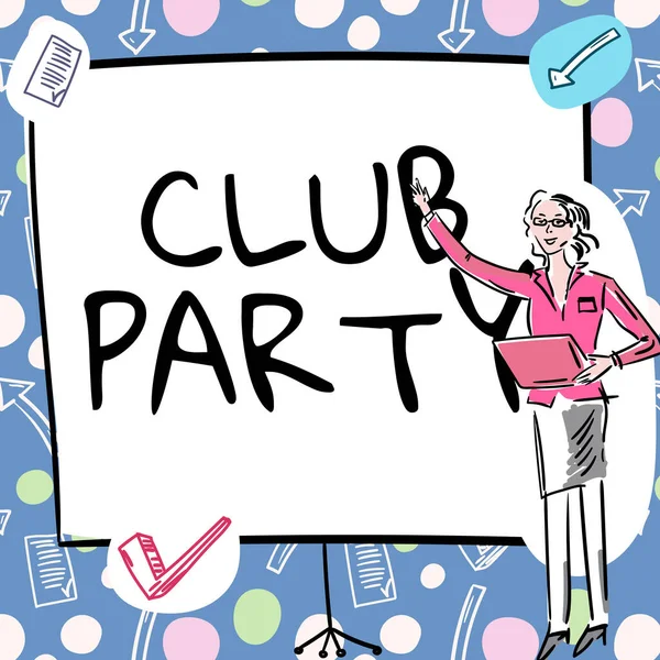サインクラブパーティーを示すインスピレーション 非公式であり 飲料を持つことができる場所でのビジネスアプローチ社会的な集まりビジネス女性カジュアルスタンディングチャートと新しい素晴らしいアイデアを提示 — ストック写真