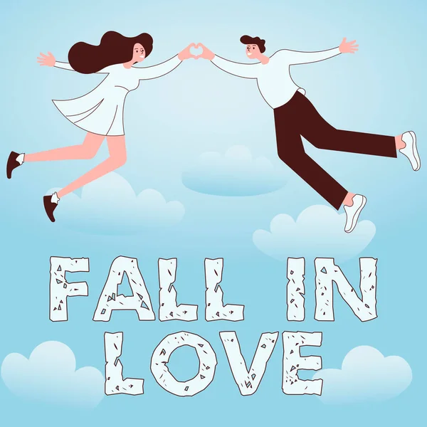 Text caption presenting FALL IN LOVE, Business concept Charmed or captivated with someone Valentines Day Couple holding hands forming romantic heart representing love.