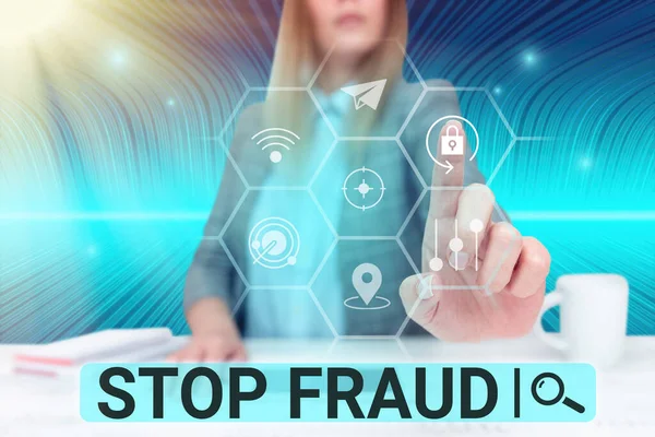 Inspiration showing sign Stop Fraud, Business overview campaign advices showing to watch out thier money transactions Lady in suit pointing finger upwards symbolizing successful teamwork.