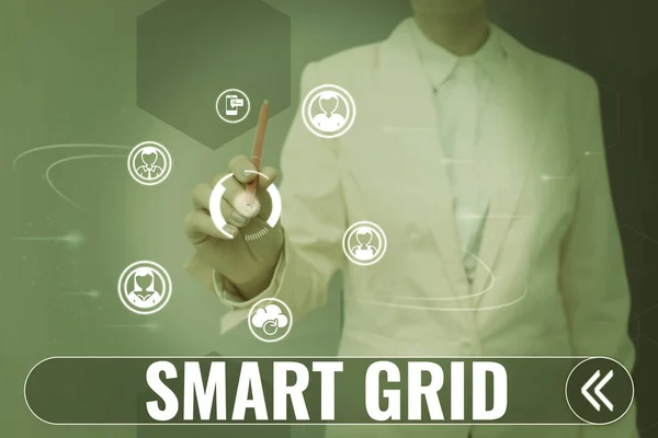 Writing displaying text Smart Grid, Business idea includes of operational and energy measures including meters Lady in suit holding pen symbolizing successful teamwork accomplishments.