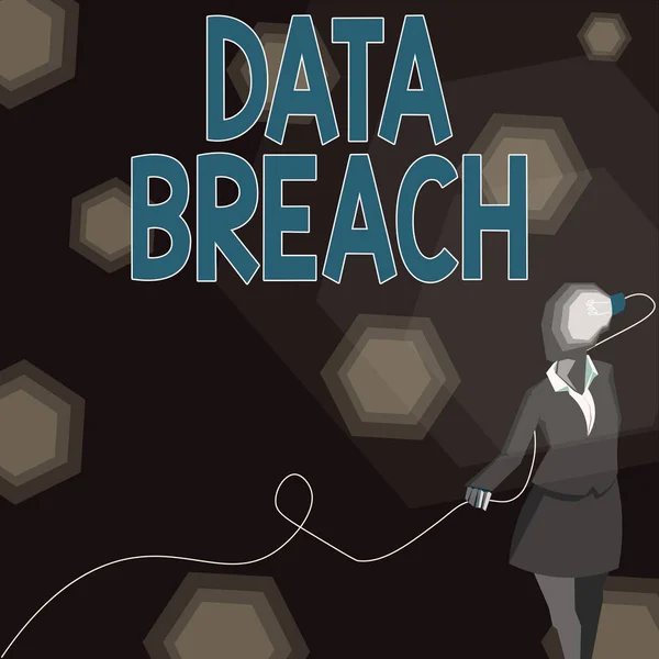 Sign displaying Data Breach, Business overview security incident where sensitive protected information copied Lady wearing suit with a head full of ideas represented by a light bulb.