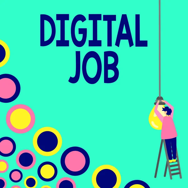 Writing displaying text Digital Job, Business approach get paid task done through internet and personal computer Businessman Standing Ladder Fixing Light Bulb Generating New Futuristic Ideas.
