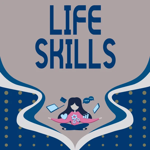 Sign displaying Life Skills, Word for that is necessary or desirable full participation in everyday Woman Surrounded With Technological Devices Presenting Future Advances.