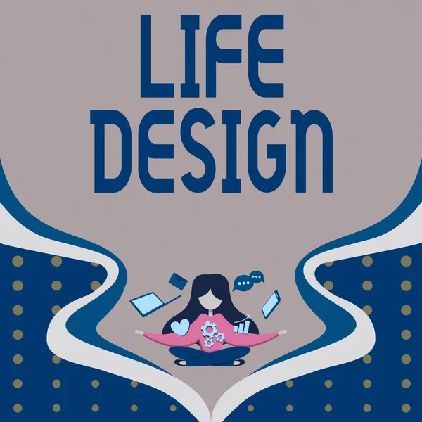 Hand writing sign Life Design, Word Written on balance how you live between work family and entertaining Woman Surrounded With Technological Devices Presenting Future Advances.