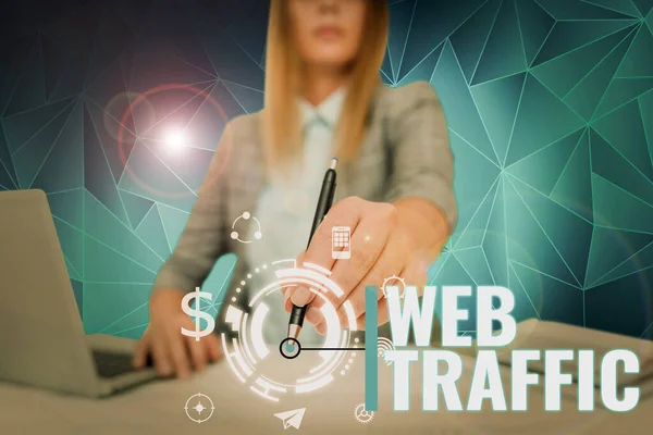 Text sign showing Web Traffic, Business idea Amount of data sent and received by visitors to a website Lady in suit holding ballpoint pen representing innovative thinking.