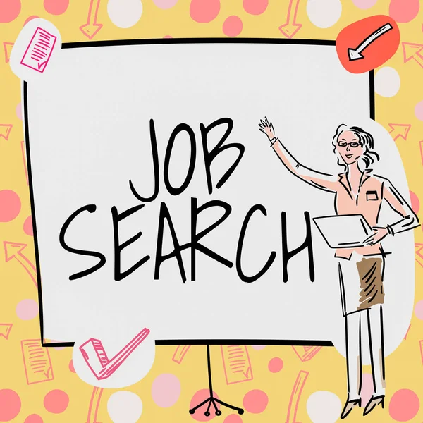 Hand writing sign Job Search, Business approach An act of person to find work suited for his profession Businesswoman Casual Standing Presenting Charts And New Wonderful Ideas.