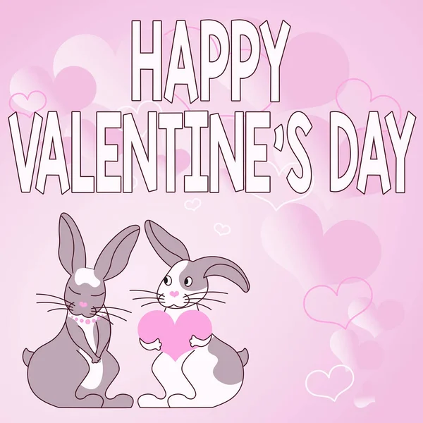 Kavramsal manşet Mutlu VALENTINES GÜNÜ, Sevgililer Günü duygularını ifade etmek için kelime kelime Tavşanlar kalp şeklinde hediyeler tutkulu aşıkları göstermek hediyeler ile