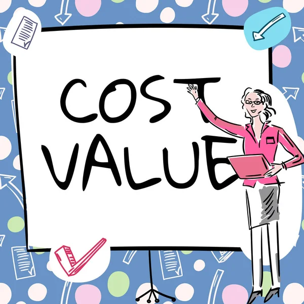 Inspiration showing sign Cost Value, Business overview The amount that usualy paid for a item you buy or hiring a person Businesswoman Casual Standing Presenting Charts And New Wonderful Ideas.