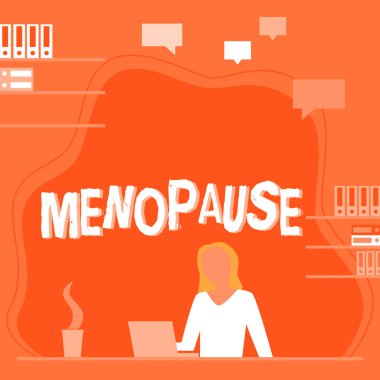 Metin Menopoz, İş Vitrinleri ya da Adet Döngüsü Devri Yazımı Masada Oturan ve Yeni Teknolojileri Sunan Kadın.