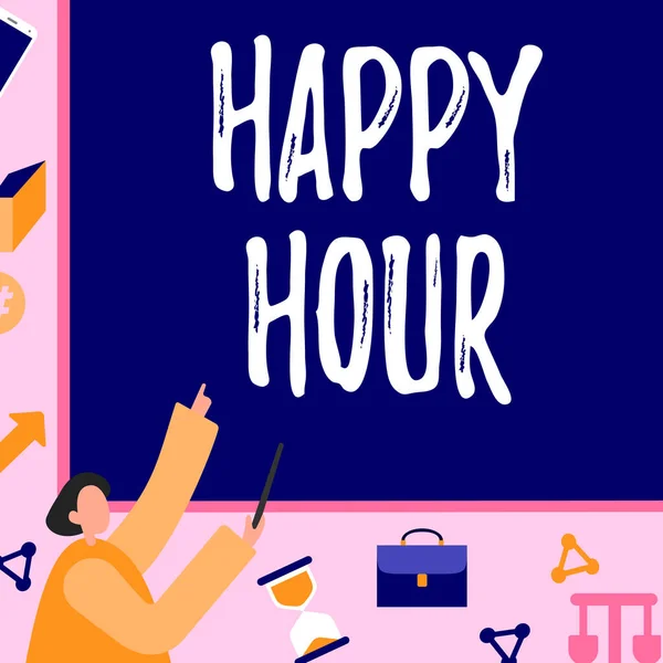 Υπογραφή Κειμένου Δείχνει Happy Hour Ιnternet Concept Ξοδεύοντας Χρόνο Για — Φωτογραφία Αρχείου