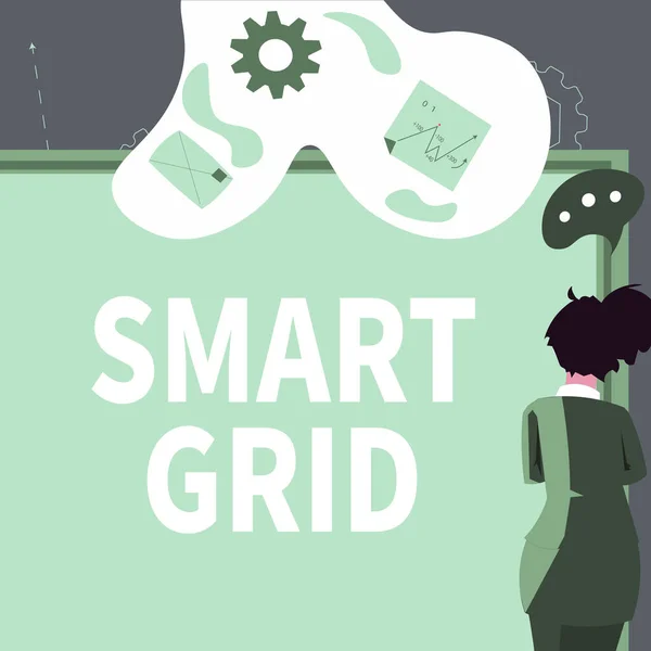 Inspiration showing sign Smart Grid, Word for includes of operational and energy measures including meters Businesswoman presenting business proposal and updates on board.